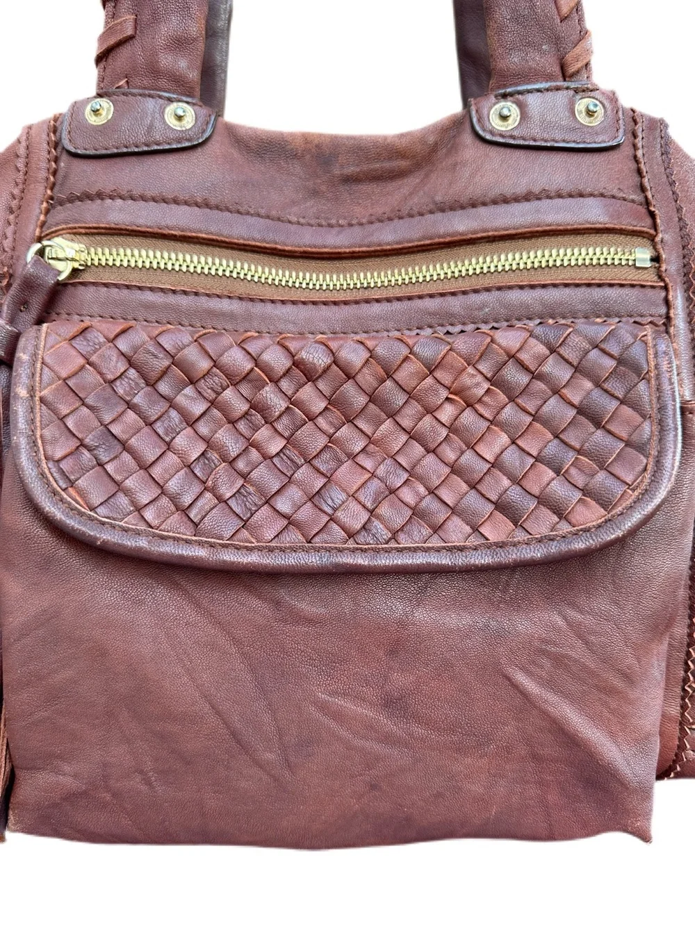 Vintage Bebe Burgundy Brown Leather Woven Boho Satchel Bag Y2K